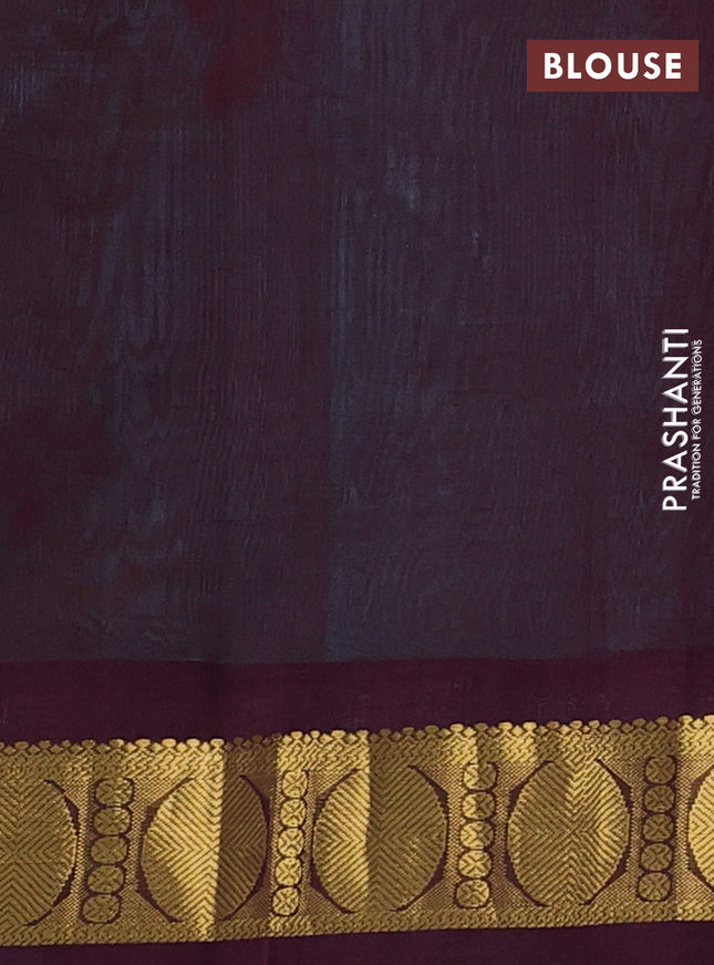 Silk cotton saree teal blue and wine shade with allover madhubani prints and zari woven korvai border