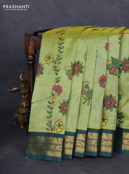 Silk cotton saree pastel green and dark green with allover madhubani prints and zari woven korvai border