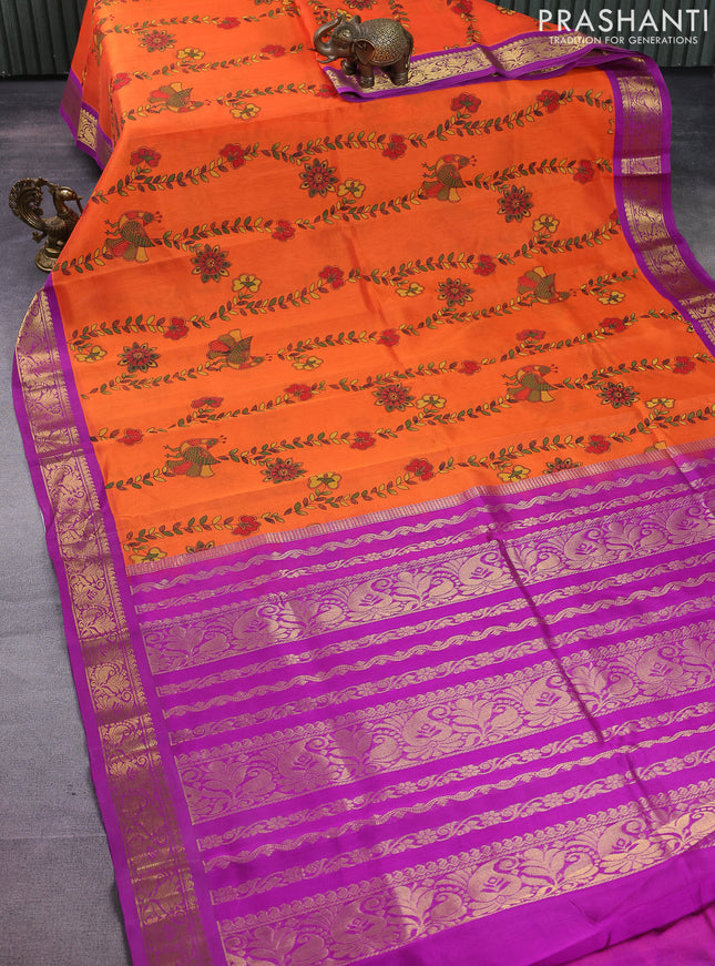 Silk cotton saree orange and purple with allover madhubani prints and zari woven korvai border