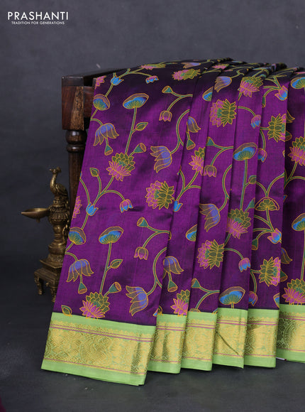 Silk cotton saree purple and light green with allover pichwai prints and zari woven korvai border
