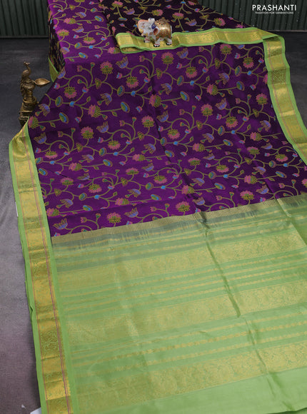 Silk cotton saree purple and light green with allover pichwai prints and zari woven korvai border