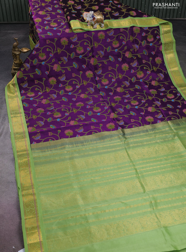 Silk cotton saree purple and light green with allover pichwai prints and zari woven korvai border