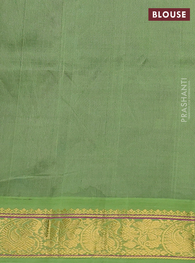 Silk cotton saree purple and light green with allover pichwai prints and zari woven korvai border