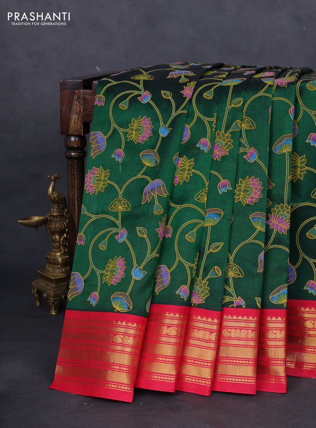 Silk cotton saree green and red with allover pichwai prints and temple design zari woven simple border