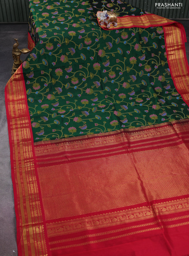 Silk cotton saree green and red with allover pichwai prints and temple design zari woven simple border
