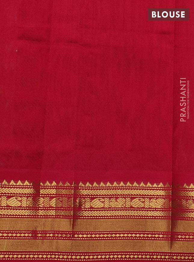 Silk cotton saree green and red with allover pichwai prints and temple design zari woven simple border