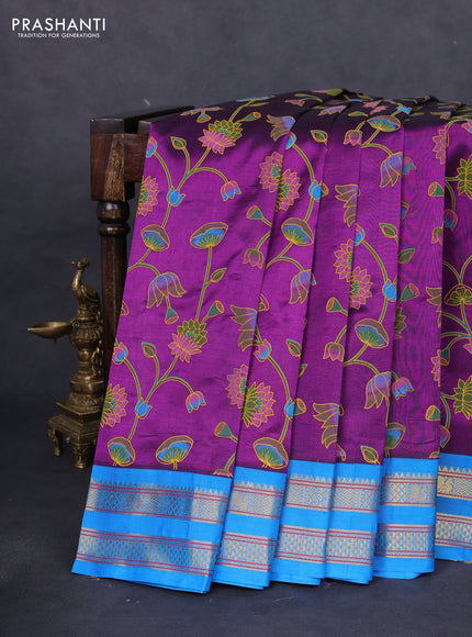 Silk cotton saree purple and cs blue with allover kalamkari prints and rettapet zari woven korvai border