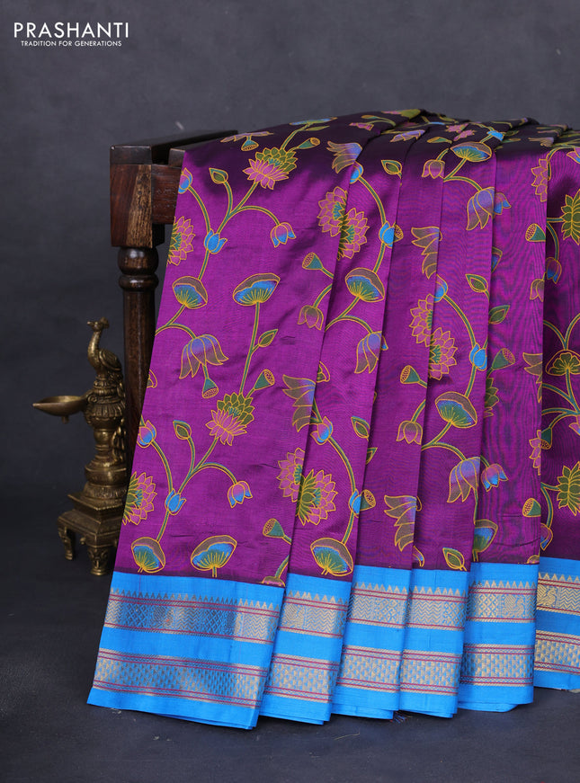 Silk cotton saree purple and cs blue with allover kalamkari prints and rettapet zari woven korvai border