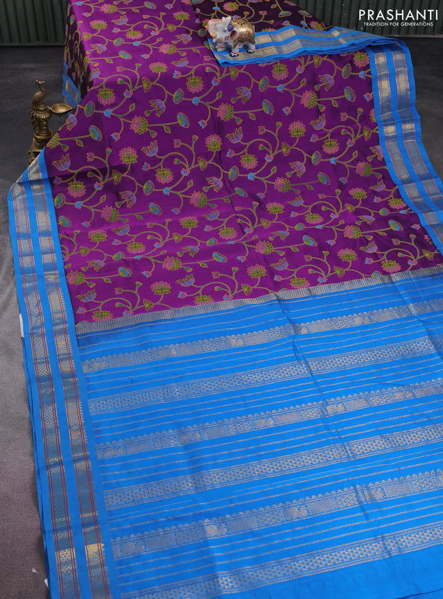 Silk cotton saree purple and cs blue with allover kalamkari prints and rettapet zari woven korvai border