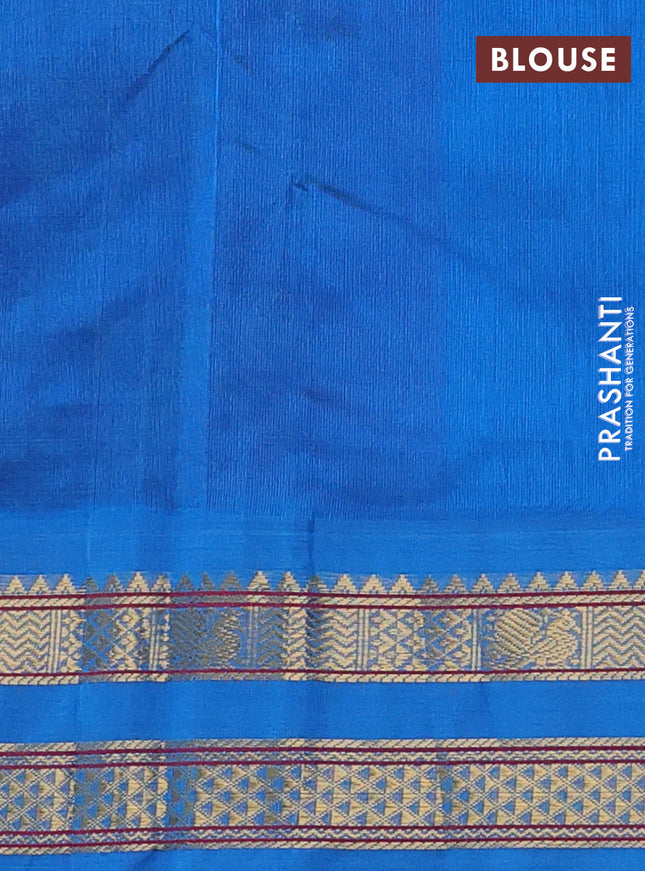 Silk cotton saree purple and cs blue with allover kalamkari prints and rettapet zari woven korvai border