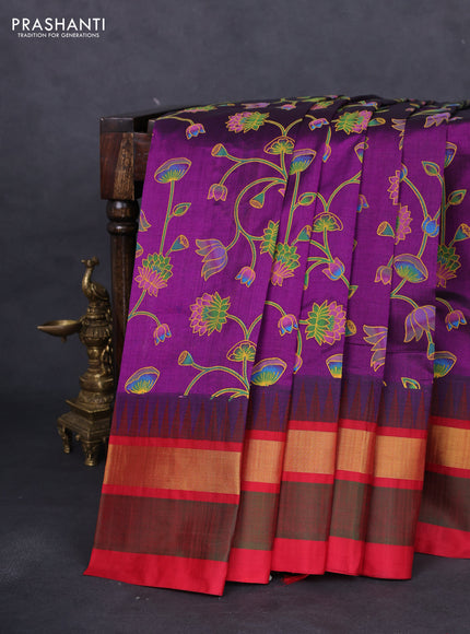 Silk cotton saree purple and red with allover kalamkari prints and temple design zari woven simple border