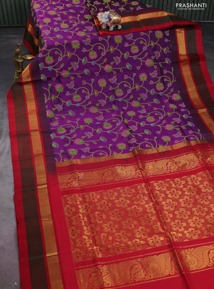 Silk cotton saree purple and red with allover kalamkari prints and temple design zari woven simple border