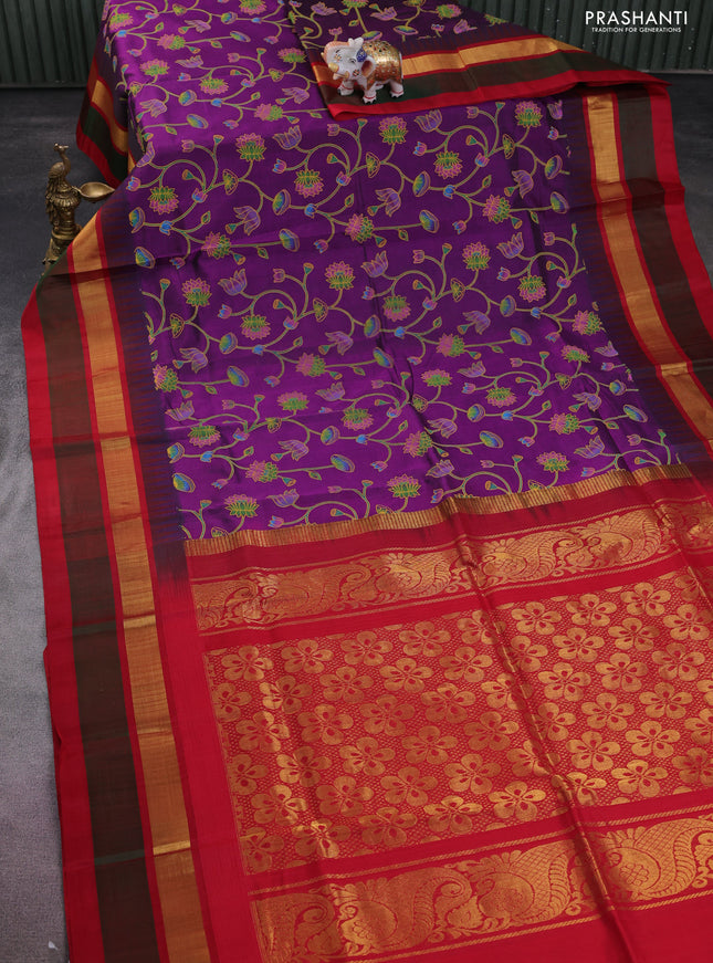 Silk cotton saree purple and red with allover kalamkari prints and temple design zari woven simple border