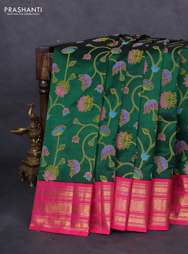 Silk cotton saree green and pink with allover pichwai prints and zari woven korvai border
