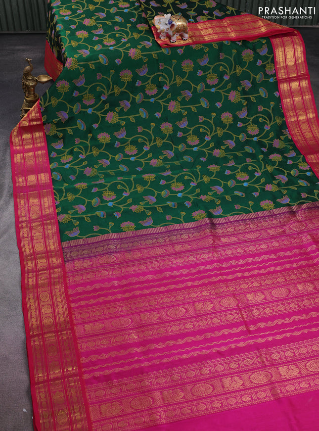 Silk cotton saree green and pink with allover pichwai prints and zari woven korvai border