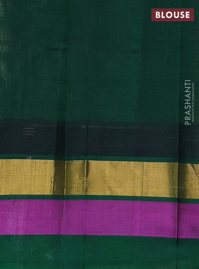 Silk cotton saree cream and green with allover kalamkari prints and temple design zari woven simple border