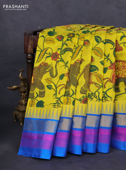 Silk cotton saree lime yellow and cs blue with allover kalamkari prints and temple design zari woven simple border