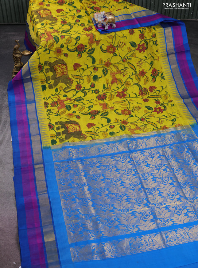 Silk cotton saree lime yellow and cs blue with allover kalamkari prints and temple design zari woven simple border