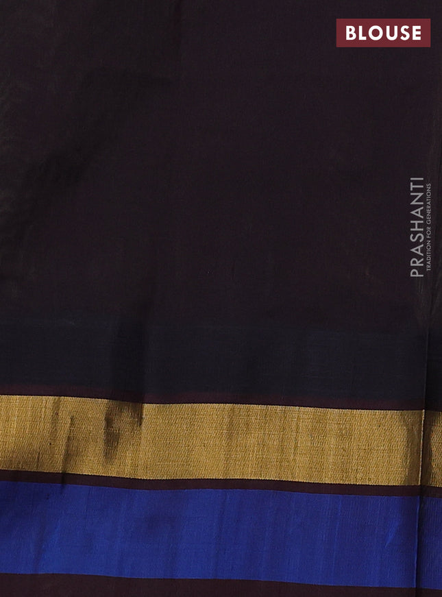 Silk cotton saree pastel green and coffee brown with allover pichwai prints and temple design zari woven simple border