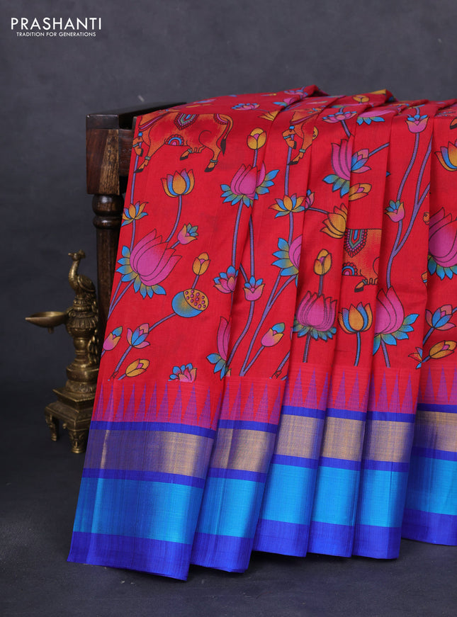Silk cotton saree red and royal blue with allover pichwai prints and temple design zari woven simple border