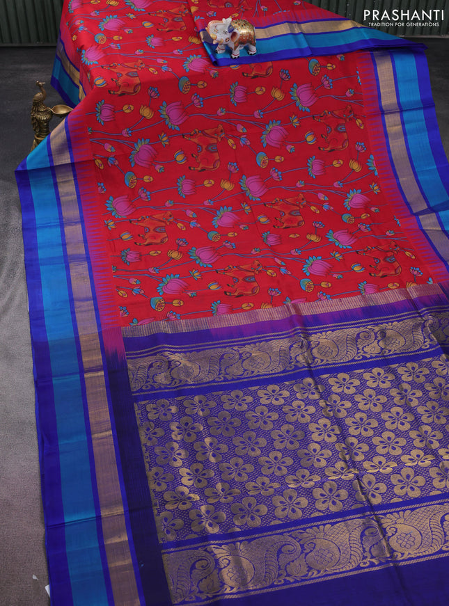 Silk cotton saree red and royal blue with allover pichwai prints and temple design zari woven simple border