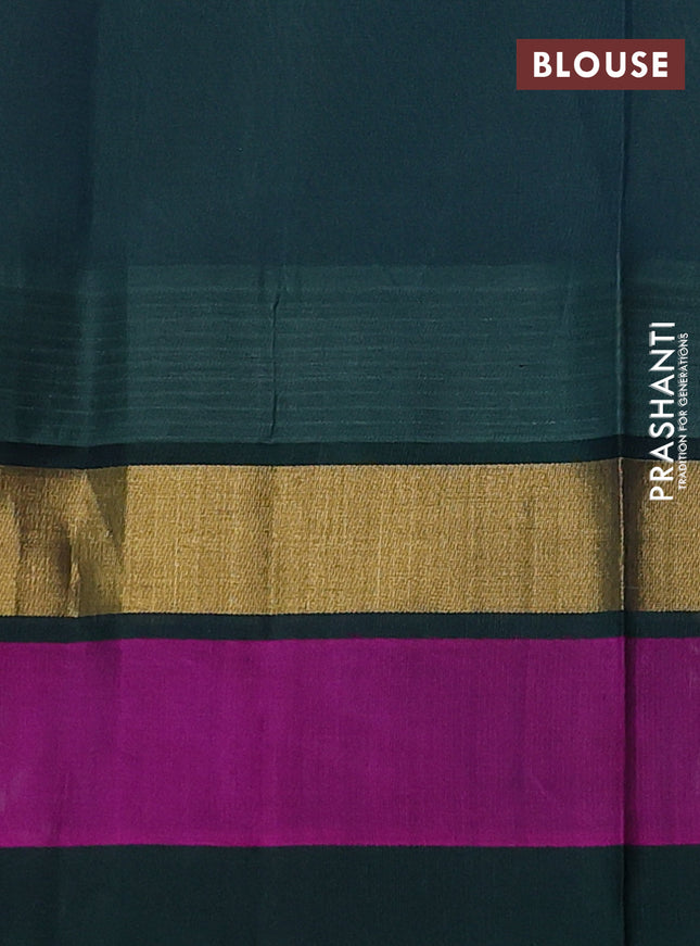 Silk cotton saree pastel green and dark green with allover pichwai prints and temple design zari woven simple border