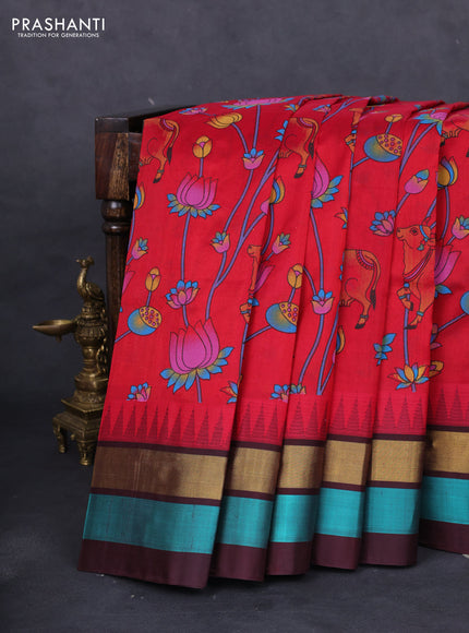 Silk cotton saree red and deep maroon with allover pichwai prints and temple design zari woven simple border