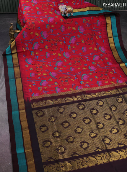 Silk cotton saree red and deep maroon with allover pichwai prints and temple design zari woven simple border