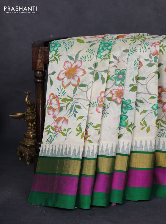 Silk cotton saree cream and green with allover kalamkari prints and temple design zari woven simple border