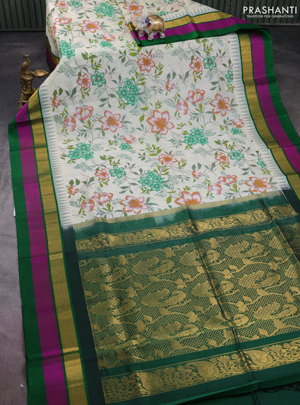 Silk cotton saree cream and green with allover kalamkari prints and temple design zari woven simple border