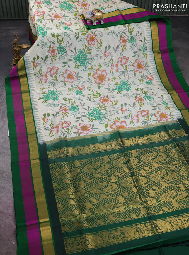 Silk cotton saree cream and green with allover kalamkari prints and temple design zari woven simple border