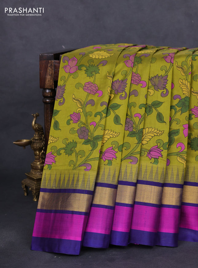 Silk cotton saree sap green and navy blue with allover kalamkari prints and temple design zari woven simple border