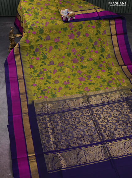 Silk cotton saree sap green and navy blue with allover kalamkari prints and temple design zari woven simple border