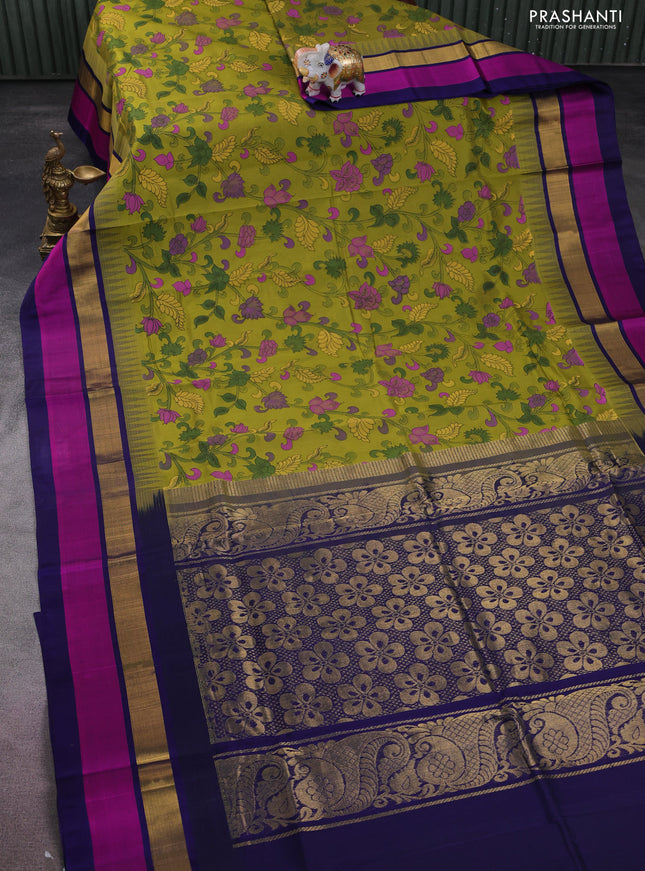 Silk cotton saree sap green and navy blue with allover kalamkari prints and temple design zari woven simple border