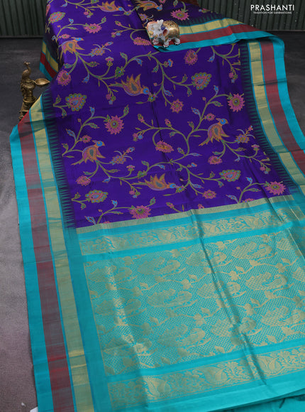 Silk cotton saree blue and teal green with allover kalamkari prints and temple design zari woven simple border