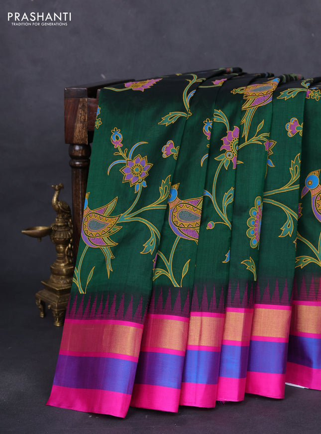 Silk cotton saree bottle green and pink with allover kalamkari prints and temple design zari woven simple border