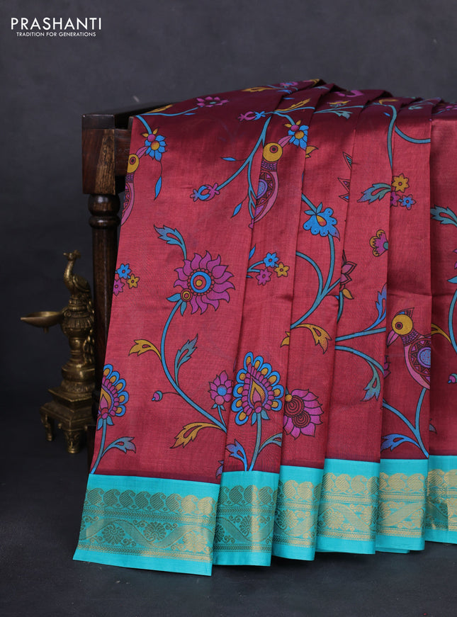 Silk cotton saree deep maroon and teal blue with allover kalamkari prints and zari woven korvai border