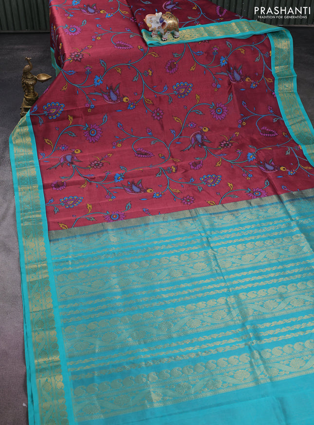 Silk cotton saree deep maroon and teal blue with allover kalamkari prints and zari woven korvai border