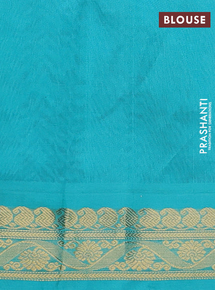 Silk cotton saree deep maroon and teal blue with allover kalamkari prints and zari woven korvai border