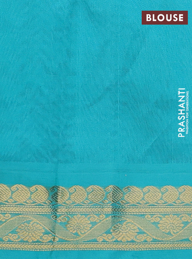 Silk cotton saree deep maroon and teal blue with allover kalamkari prints and zari woven korvai border