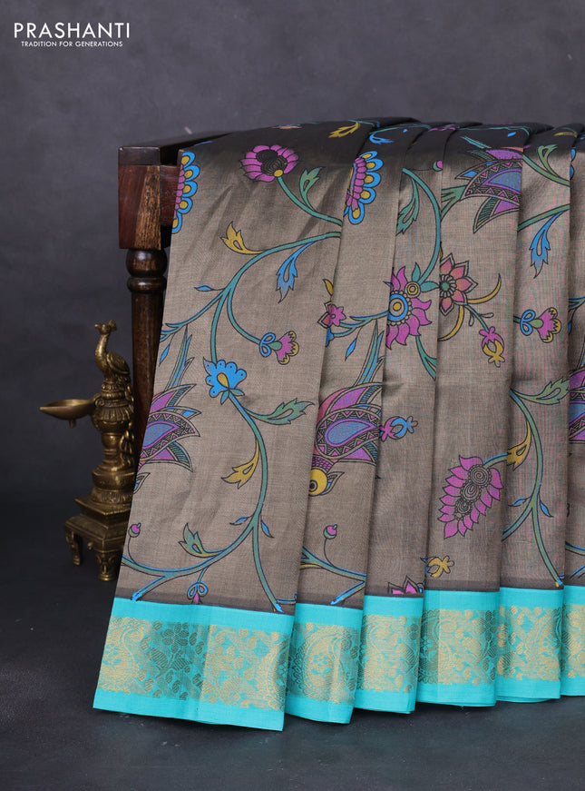Silk cotton saree grey and teal blue with allover kalamkari prints and zari woven korvai border