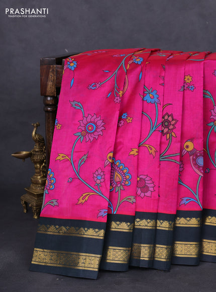 Silk cotton saree magenta pink and bottle green with allover kalamkari prints and rettapet zari woven korvai border