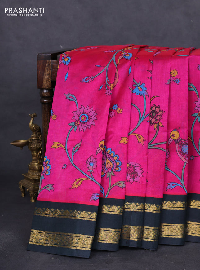 Silk cotton saree magenta pink and bottle green with allover kalamkari prints and rettapet zari woven korvai border