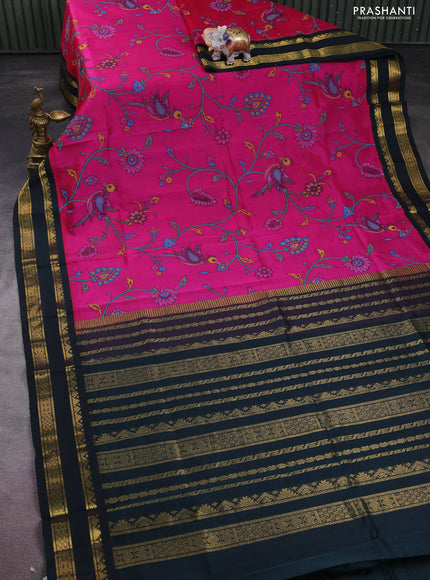 Silk cotton saree magenta pink and bottle green with allover kalamkari prints and rettapet zari woven korvai border