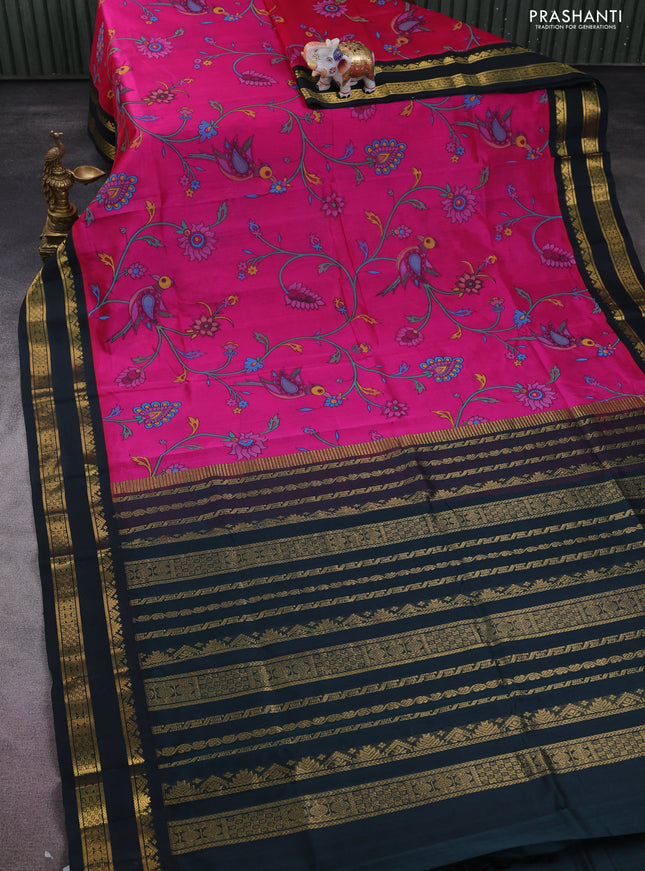 Silk cotton saree magenta pink and bottle green with allover kalamkari prints and rettapet zari woven korvai border
