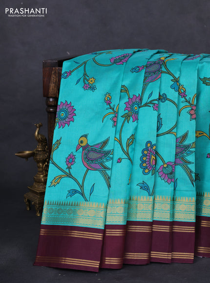 Silk cotton saree teal blue and deep maroon with allover kalamkari prints and rettapet zari woven korvai border