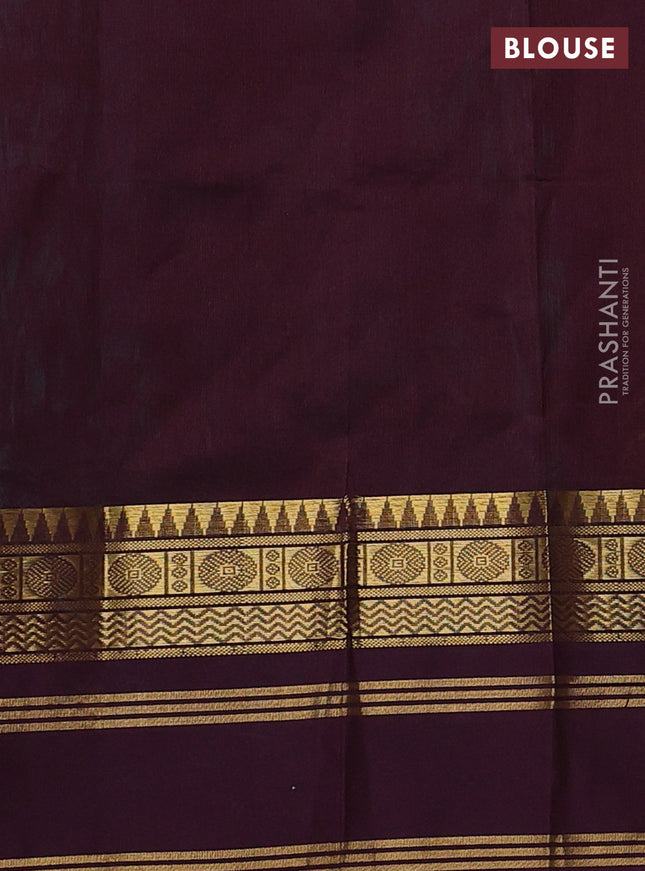 Silk cotton saree teal blue and deep maroon with allover kalamkari prints and rettapet zari woven korvai border