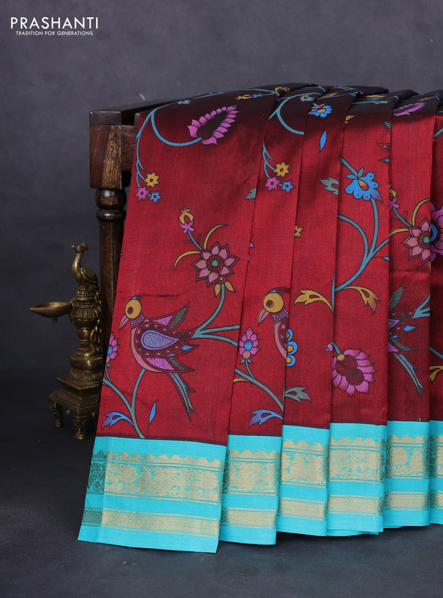 Silk cotton saree maroon and teal blue with allover kalamkari prints and rettapet zari woven korvai border