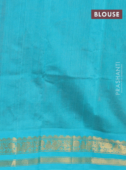 Silk cotton saree maroon and teal blue with allover kalamkari prints and rettapet zari woven korvai border