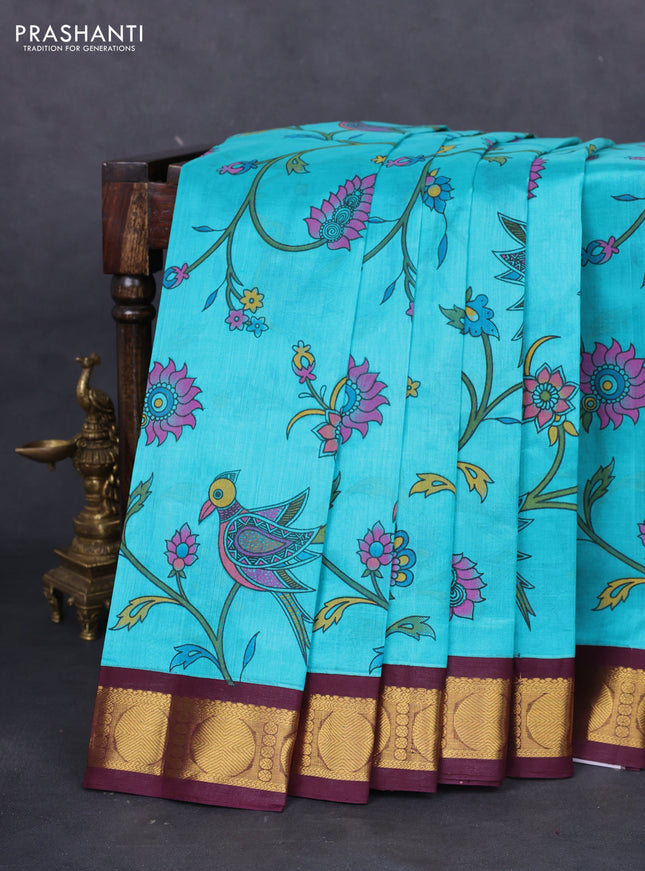 Silk cotton saree teal blue and deep maroon with allover kalamkari prints and zari woven korvai border